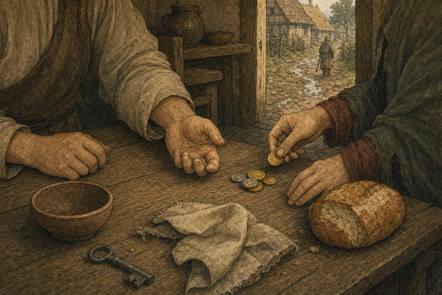 Des mains choisissent un travail sur une table médiévale
